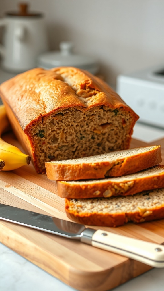 A loaf of banana bread sliced on a wooden board with ripe bananas beside it.